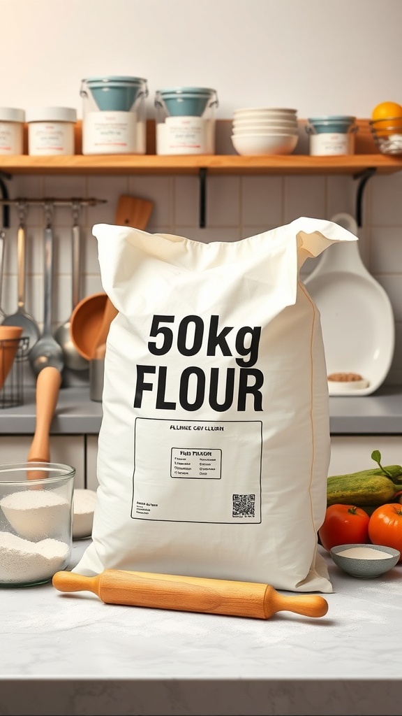 A 50kg bag of flour in a kitchen setting with baking tools.